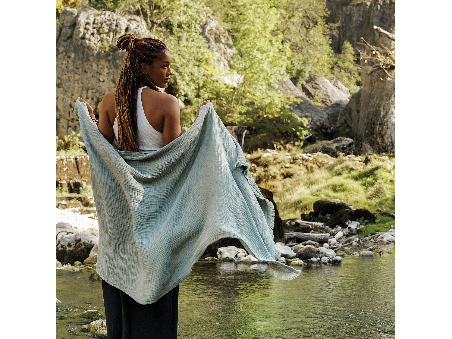 Drap de plage 95x180 cm mousseline de coton collection KEA avec franges blanc neige