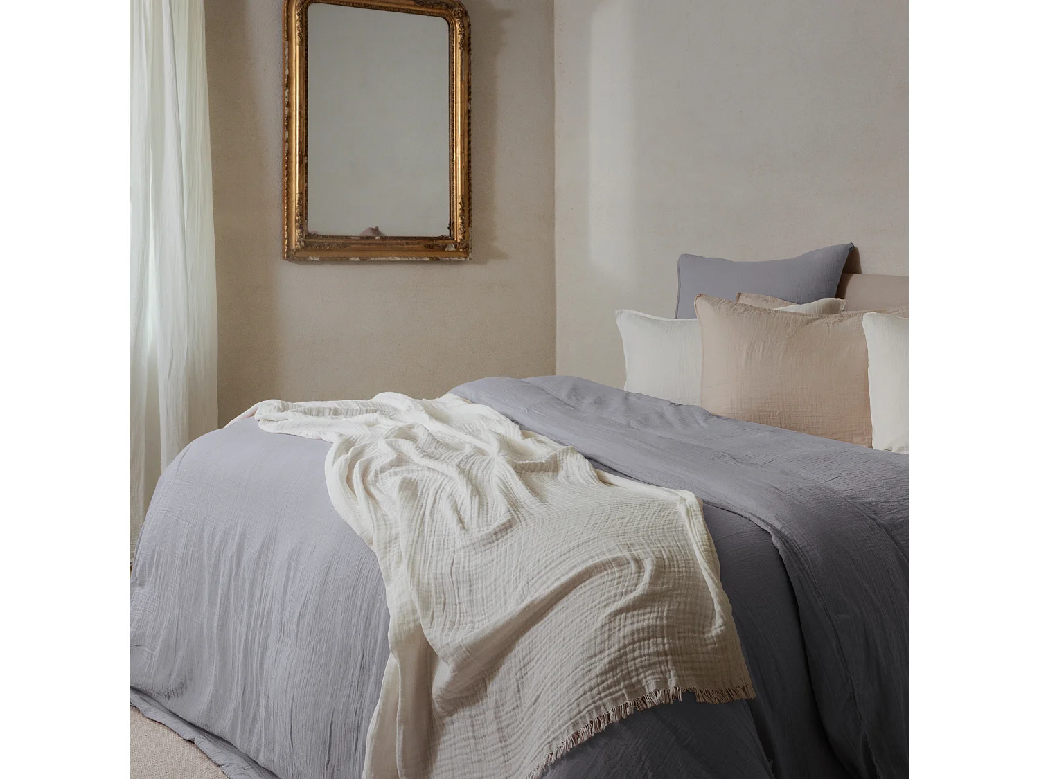 Taie d'oreiller 50x70 cm mousseline de coton MILOS gris cendre