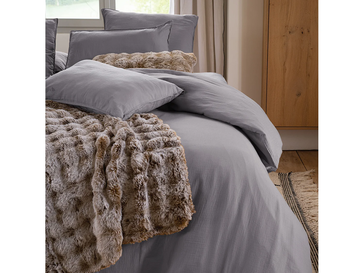 Taie d'oreiller 65x65 cm mousseline de coton MILOS gris cendre