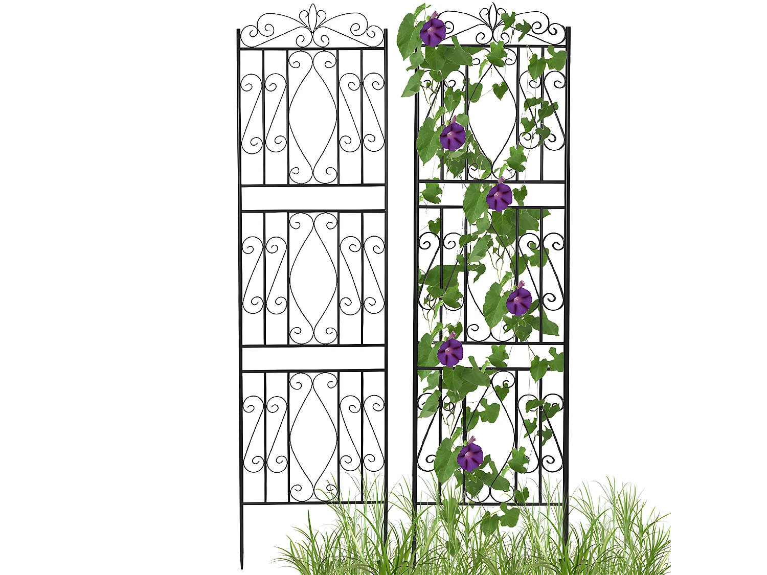 Set van 2 tuinrekken 182x50 cm klimsteun voor planten van zwart metaal Decoratief hekwerk, roestbestendig bloemenrooster voor tuin, binnenplaats of terras