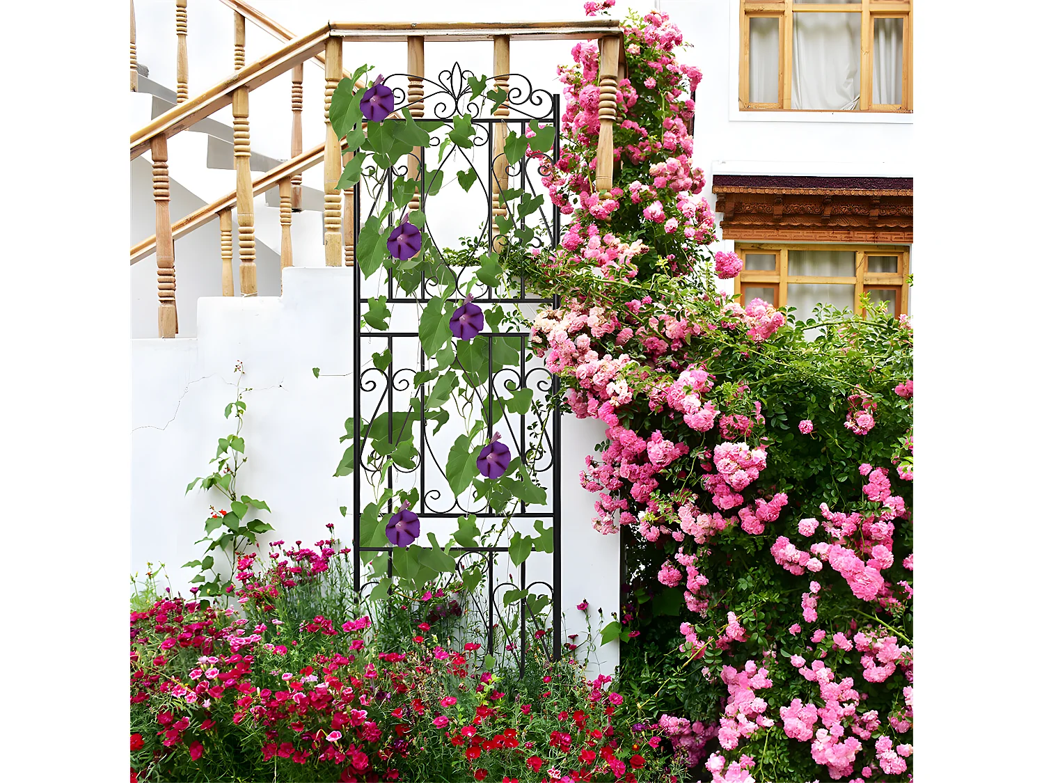 Set van 2 tuinrekken 182x50 cm klimsteun voor planten van zwart metaal Decoratief hekwerk, roestbestendig bloemenrooster voor tuin, binnenplaats of terras