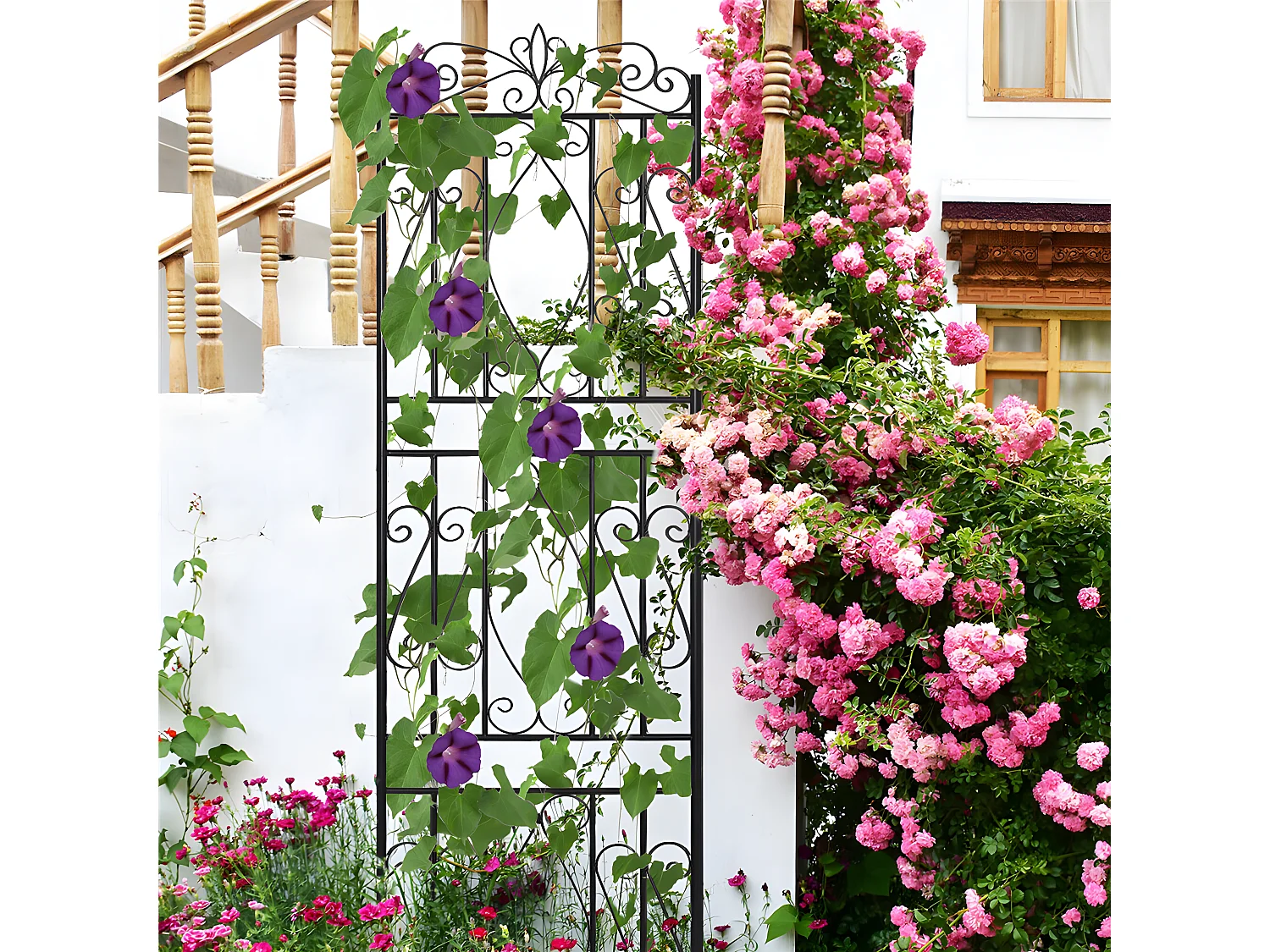 Set mit 2 Gartenspalieren 182x50 cm Rankhilfe für Kletterpflanzen aus schwarzem Metall Dekorativer Zaun, rostfreies Gitter für Blumen, Garten, Hof oder Terrasse