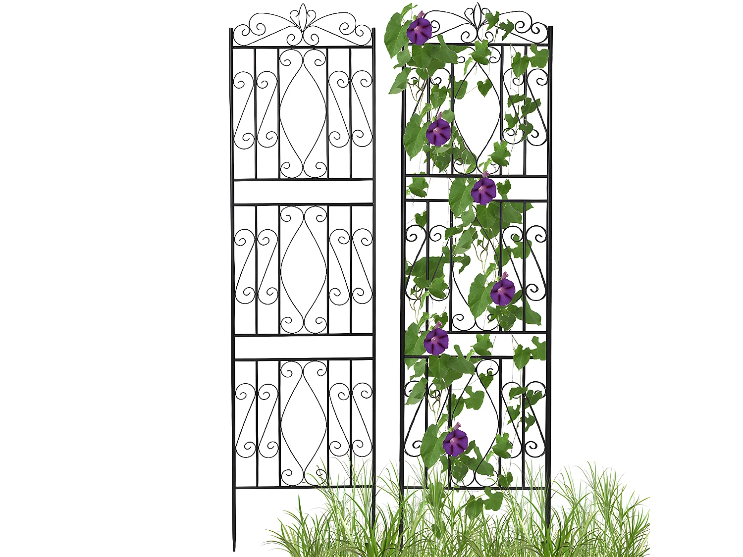 Set van 2 tuinrekken 182x50 cm klimsteun voor planten van zwart metaal Decoratief hekwerk, roestbestendig bloemenrooster voor tuin, binnenplaats of terras