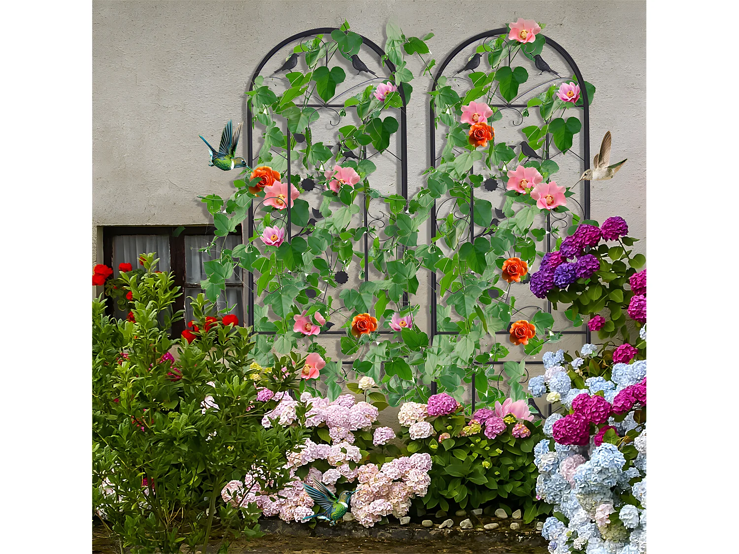 Set mit 2 Garten-Spalieren 210x50 cm Rankhilfe für Kletterpflanzen aus schwarzem Metall Dekorativer Zaun, rostfreie Gitter für Blumen, Garten, Hof oder Terrasse