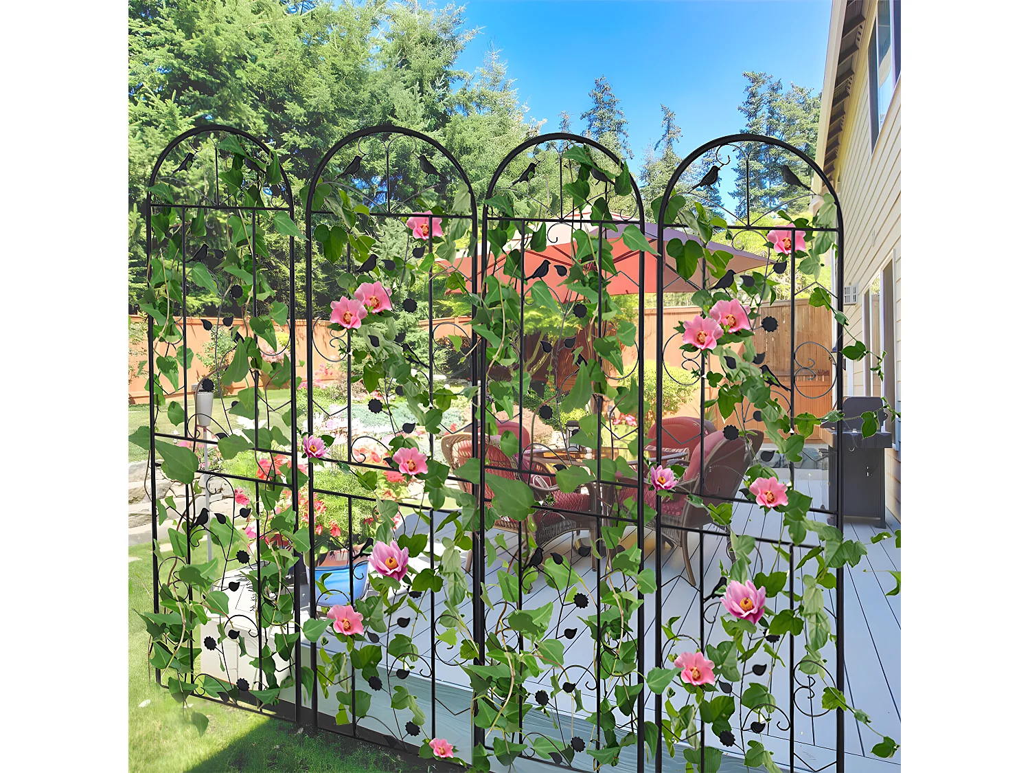 Set mit 2 Garten-Spalieren 210x50 cm Rankhilfe für Kletterpflanzen aus schwarzem Metall Dekorativer Zaun, rostfreie Gitter für Blumen, Garten, Hof oder Terrasse