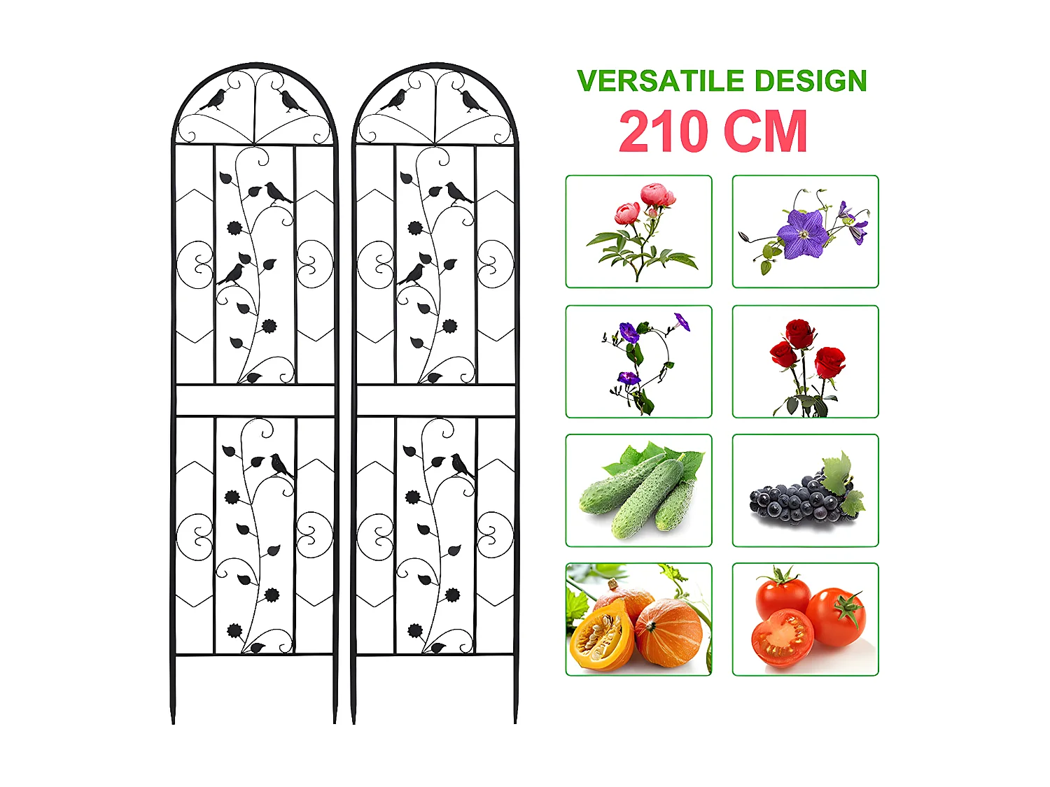 Set mit 2 Garten-Spalieren 210x50 cm Rankhilfe für Kletterpflanzen aus schwarzem Metall Dekorativer Zaun, rostfreie Gitter für Blumen, Garten, Hof oder Terrasse