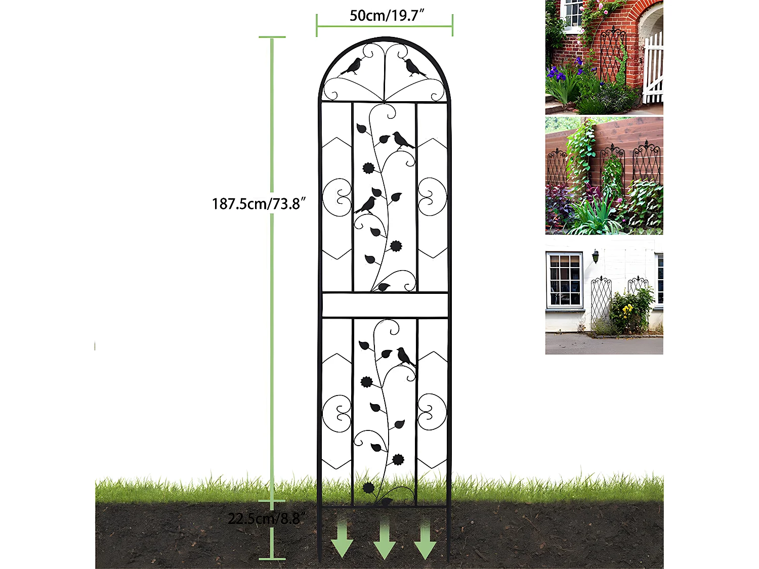 Set mit 2 Garten-Spalieren 210x50 cm Rankhilfe für Kletterpflanzen aus schwarzem Metall Dekorativer Zaun, rostfreie Gitter für Blumen, Garten, Hof oder Terrasse