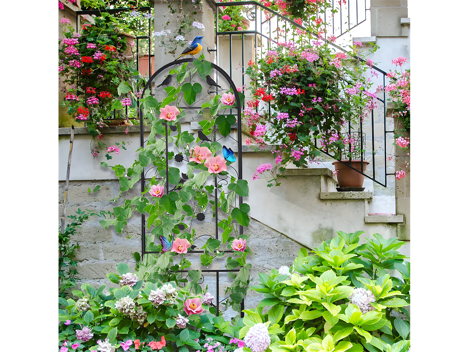 Set mit 2 Garten-Spalieren 210x50 cm Rankhilfe für Kletterpflanzen aus schwarzem Metall Dekorativer Zaun, rostfreie Gitter für Blumen, Garten, Hof oder Terrasse