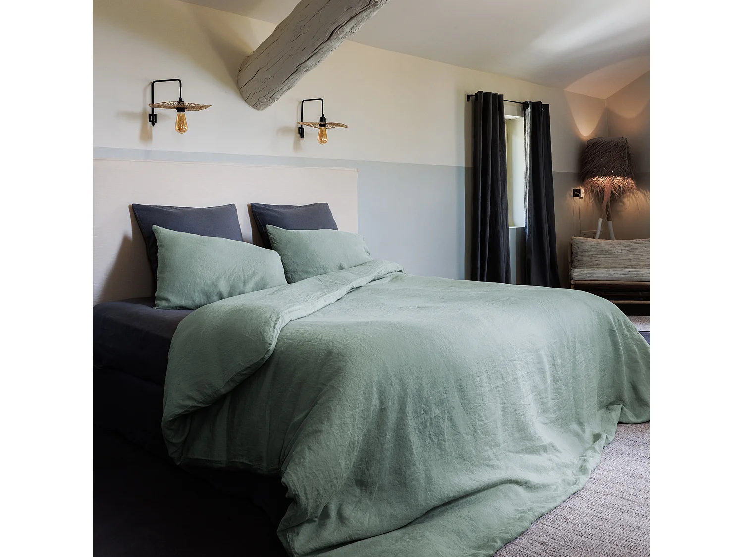 Drap housse 180x200 cm mousseline de coton OPERA vert lichen