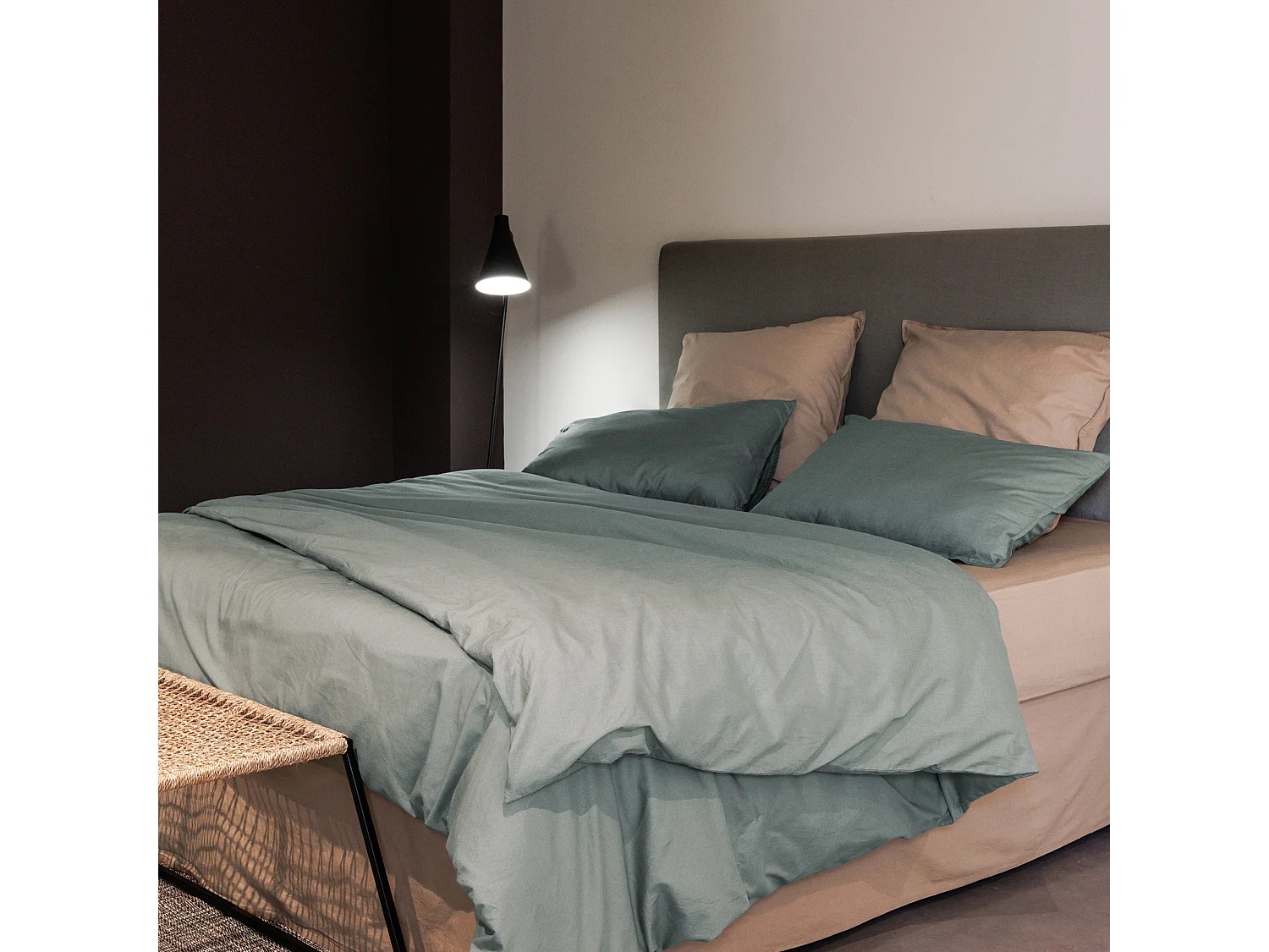 Drap housse PALACE pur coton lavé 180x200 cm bonnet 35 cm uni vert lichen