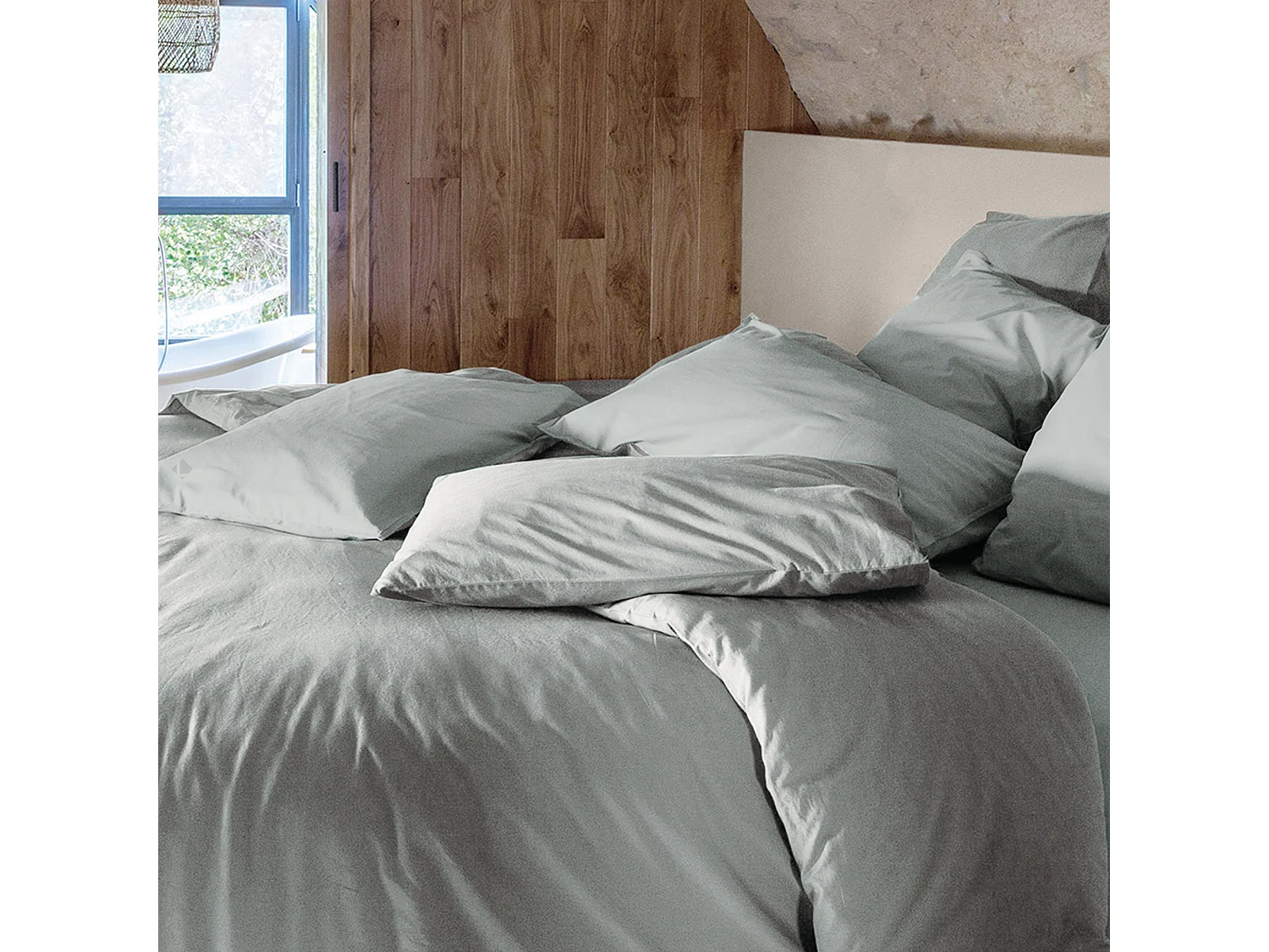 Drap housse PALACE pur coton lavé 180x200 cm bonnet 35 cm uni vert lichen