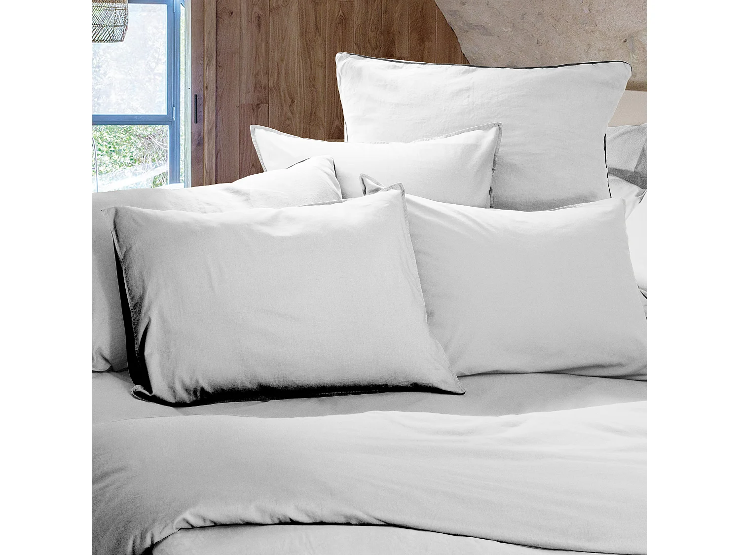 Drap housse PALACE pur coton lavé 160x200 cm bonnet 35 cm uni blanc neige