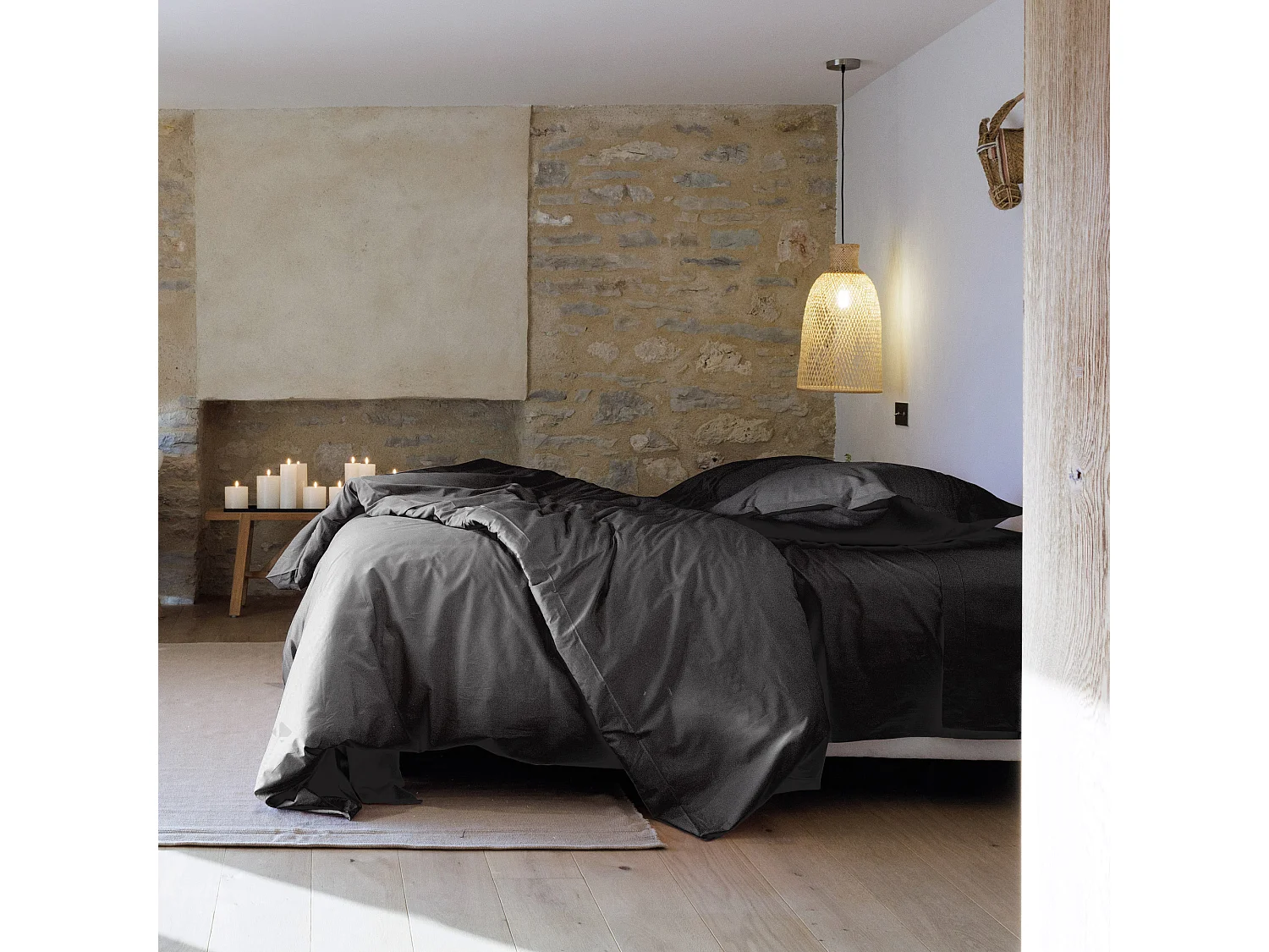 Drap housse uni 180x200 cm percale de coton MANOIR gris Ardoise bonnet 35