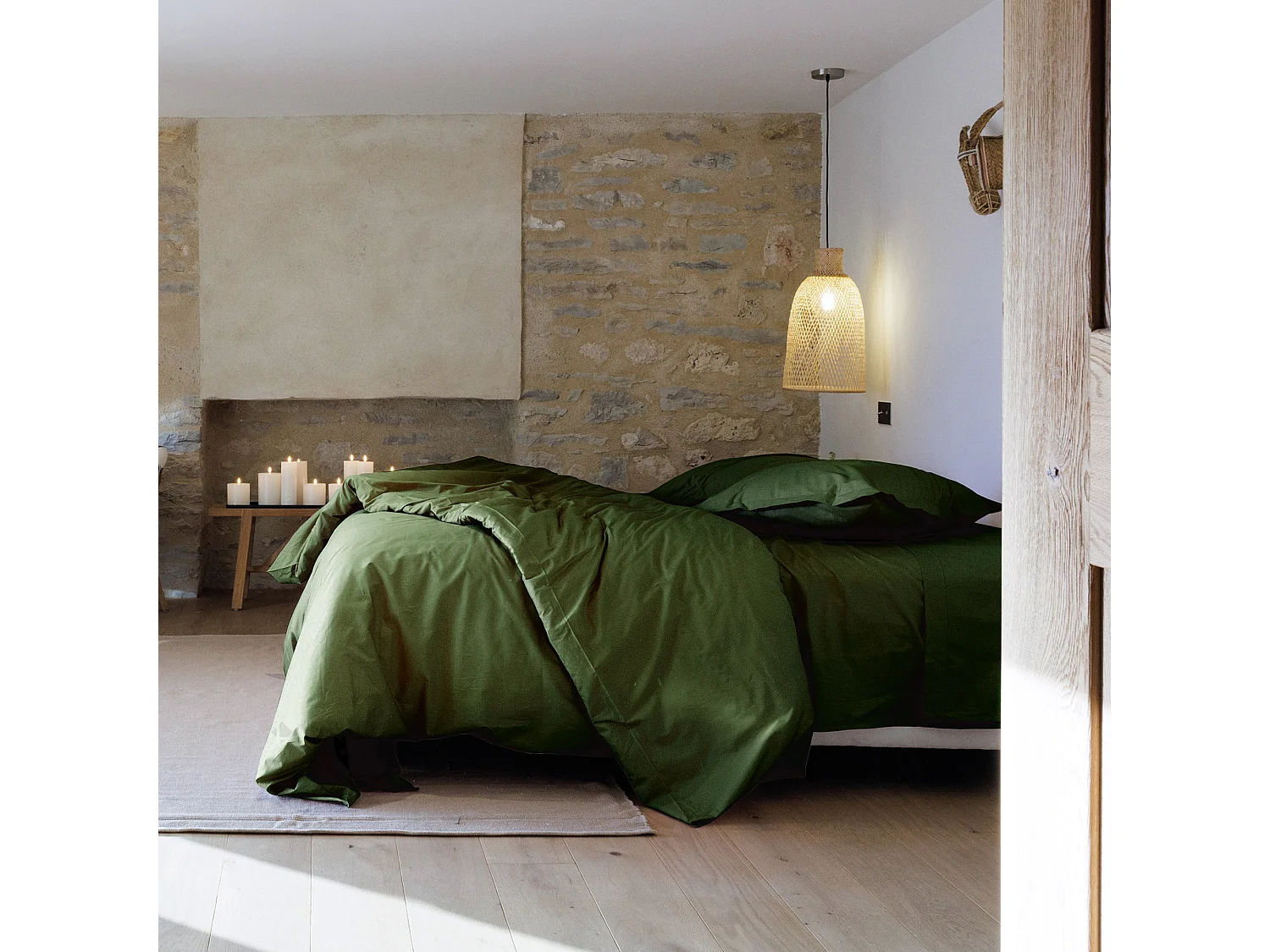 Drap housse uni 140x190 cm percale MANOIR vert Mousse bonnet 35