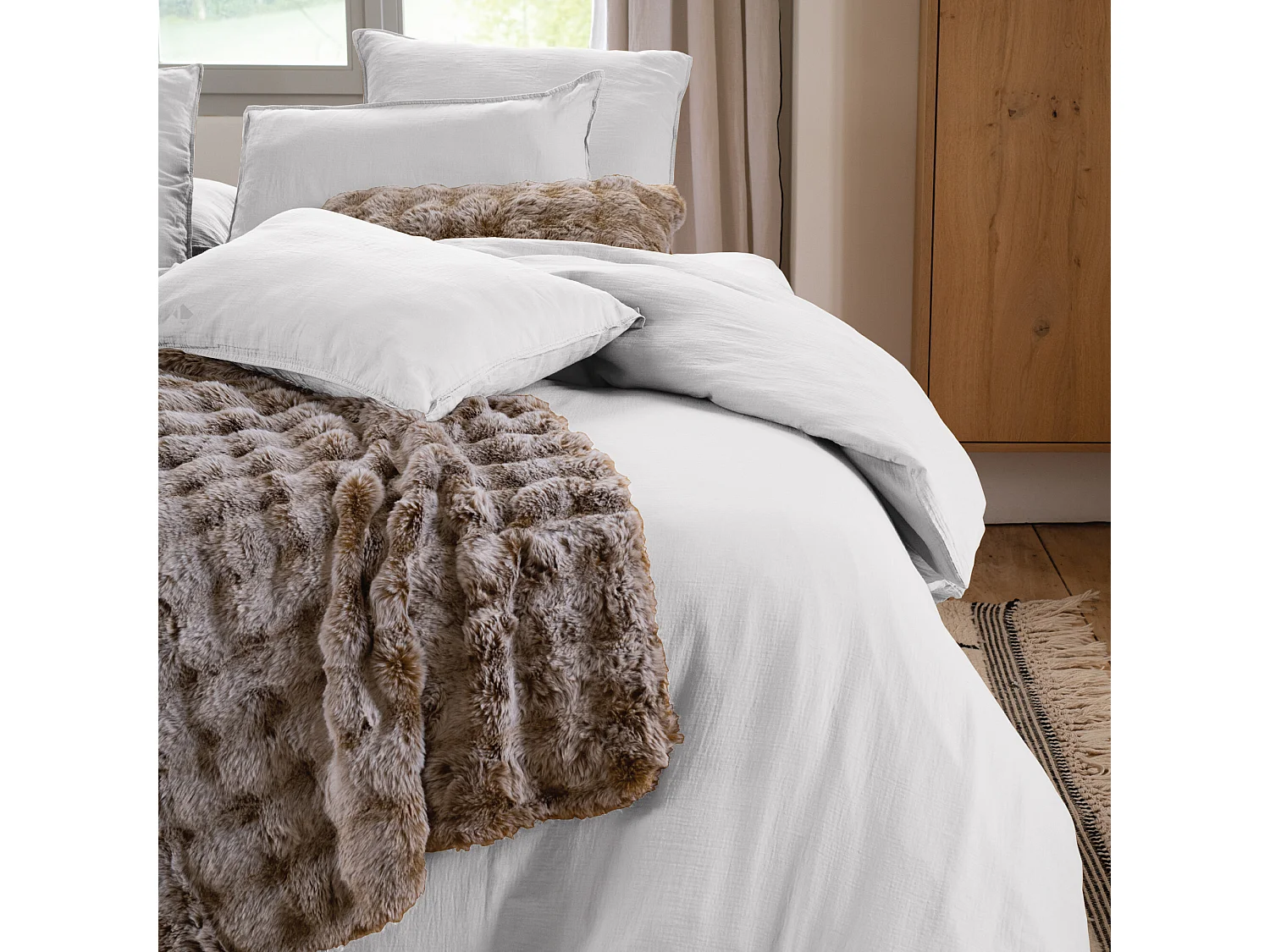 Drap housse MILOS mousseline de coton 180x200 cm bonnet 30 cm uni blanc neige