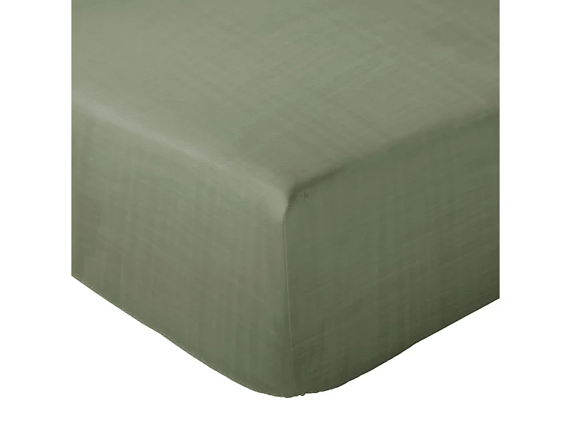 Drap housse MILOS mousseline de coton 160x200 cm bonnet 30 cm uni vert mousse
