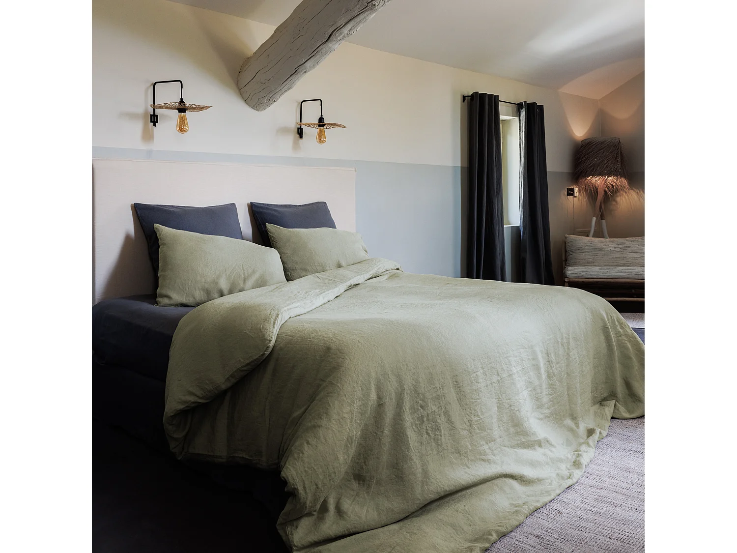 Drap housse 160x200 cm mousseline de coton OPERA vert laurier