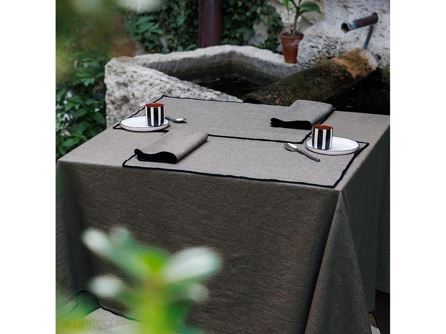 Nappe coton 160x200 cm HONO gris Granit finition point bourdon