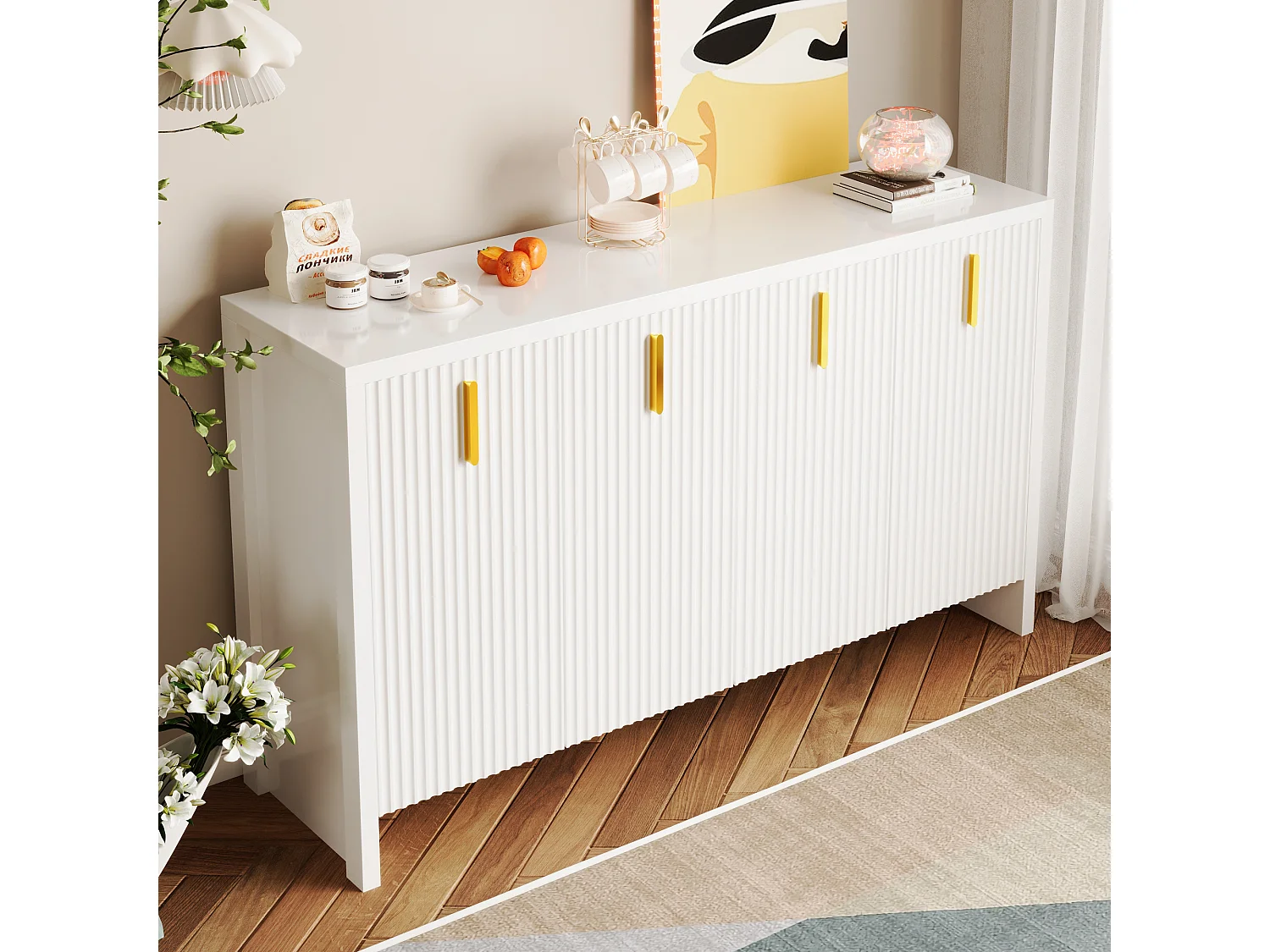 Modern laag dressoir met 4 deuren - Gouden handgrepen - Verticaal gestreept patroon - Spaanplaat - Wit