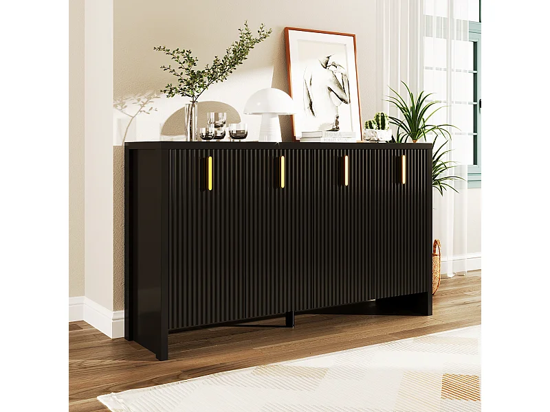 Modernes niedriges Sideboard mit 4 Türen – goldene Griffe – vertikales Streifenmuster – Spanplatte – Schwarz