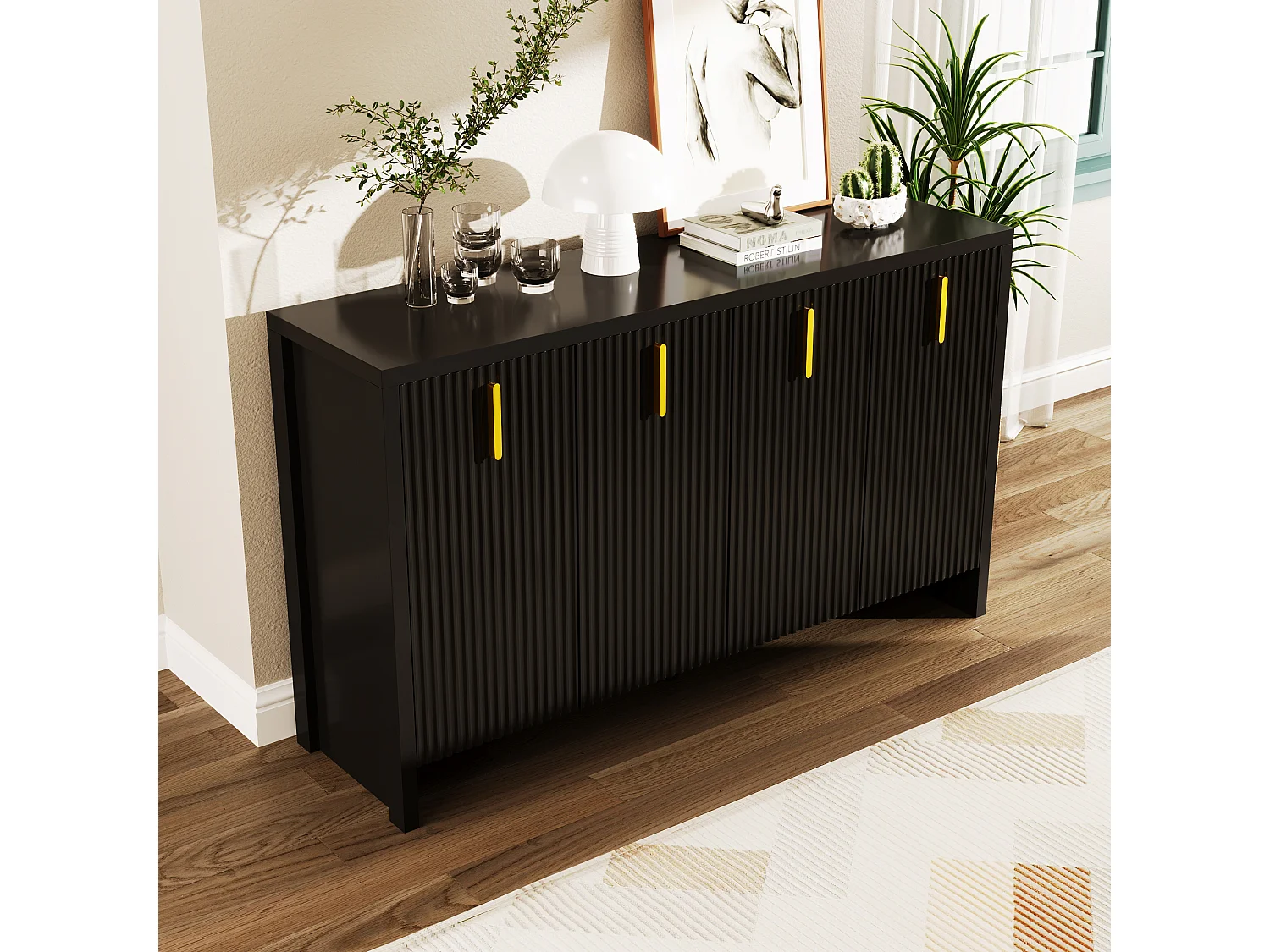 Buffet bas moderne avec 4 portes - Poignées dorées - Motif à rayures verticales - Panneaux de particules - Noir