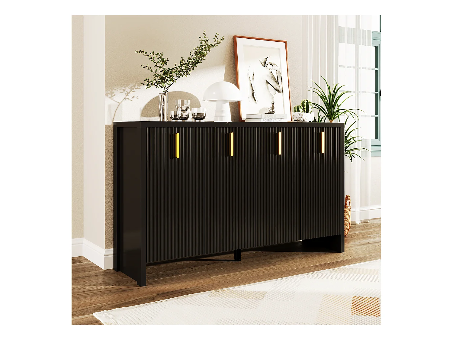 Buffet bas moderne avec 4 portes - Poignées dorées - Motif à rayures verticales - Panneaux de particules - Noir