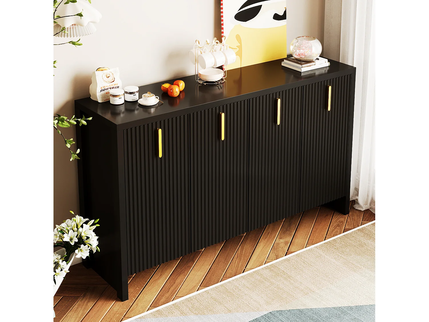 Aparador bajo moderno con 4 puertas - Tiradores dorados - Diseño de rayas verticales - Tablero de partículas - Negro