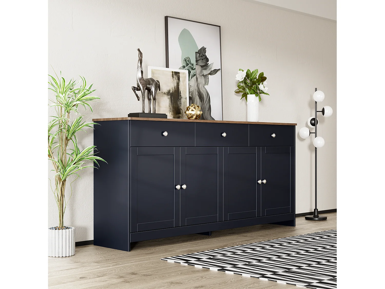 Buffet bas avec 4 portes et 3 tiroirs pour salon - 160 L x 37 l x 75H cm - bois MDF - bois et gris noir