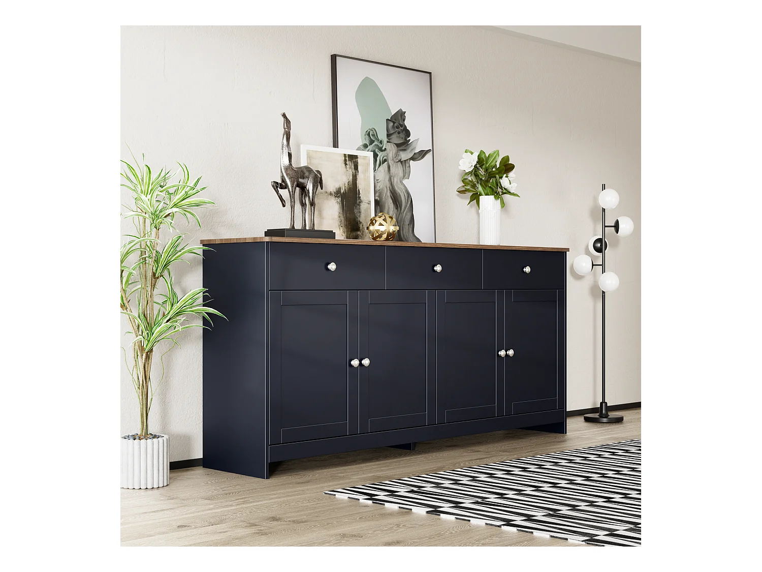Buffet bas avec 4 portes et 3 tiroirs pour salon - 160 L x 37 l x 75H cm - bois MDF - bois et gris noir