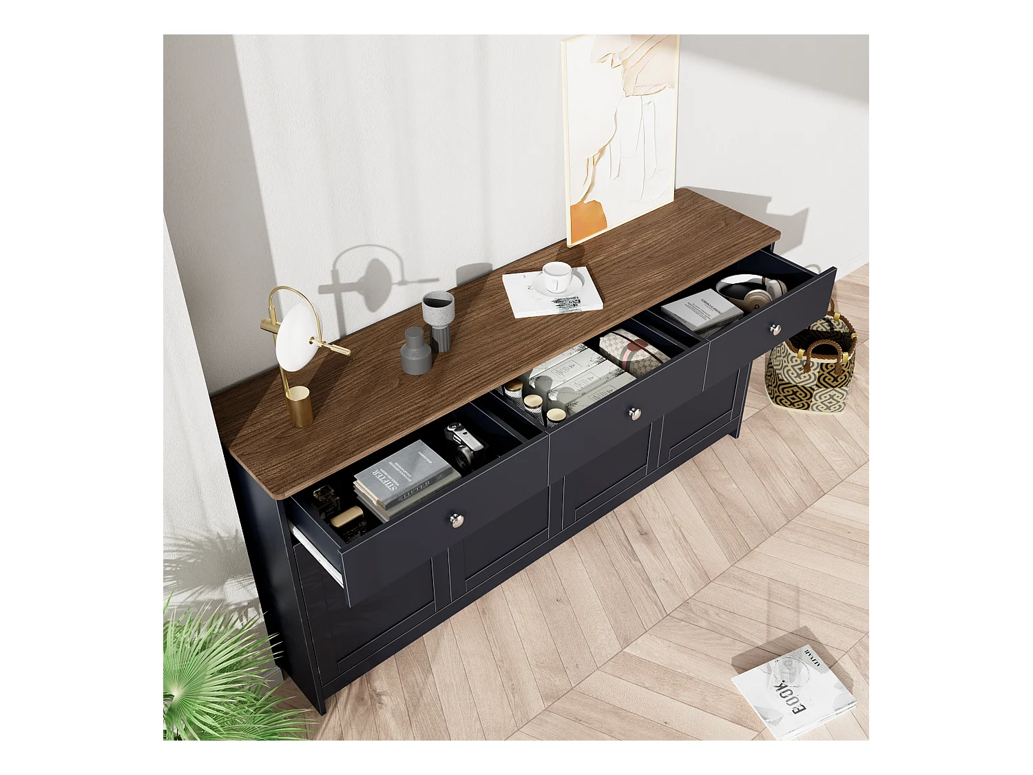 Buffet bas avec 4 portes et 3 tiroirs pour salon - 160 L x 37 l x 75H cm - bois MDF - bois et gris noir