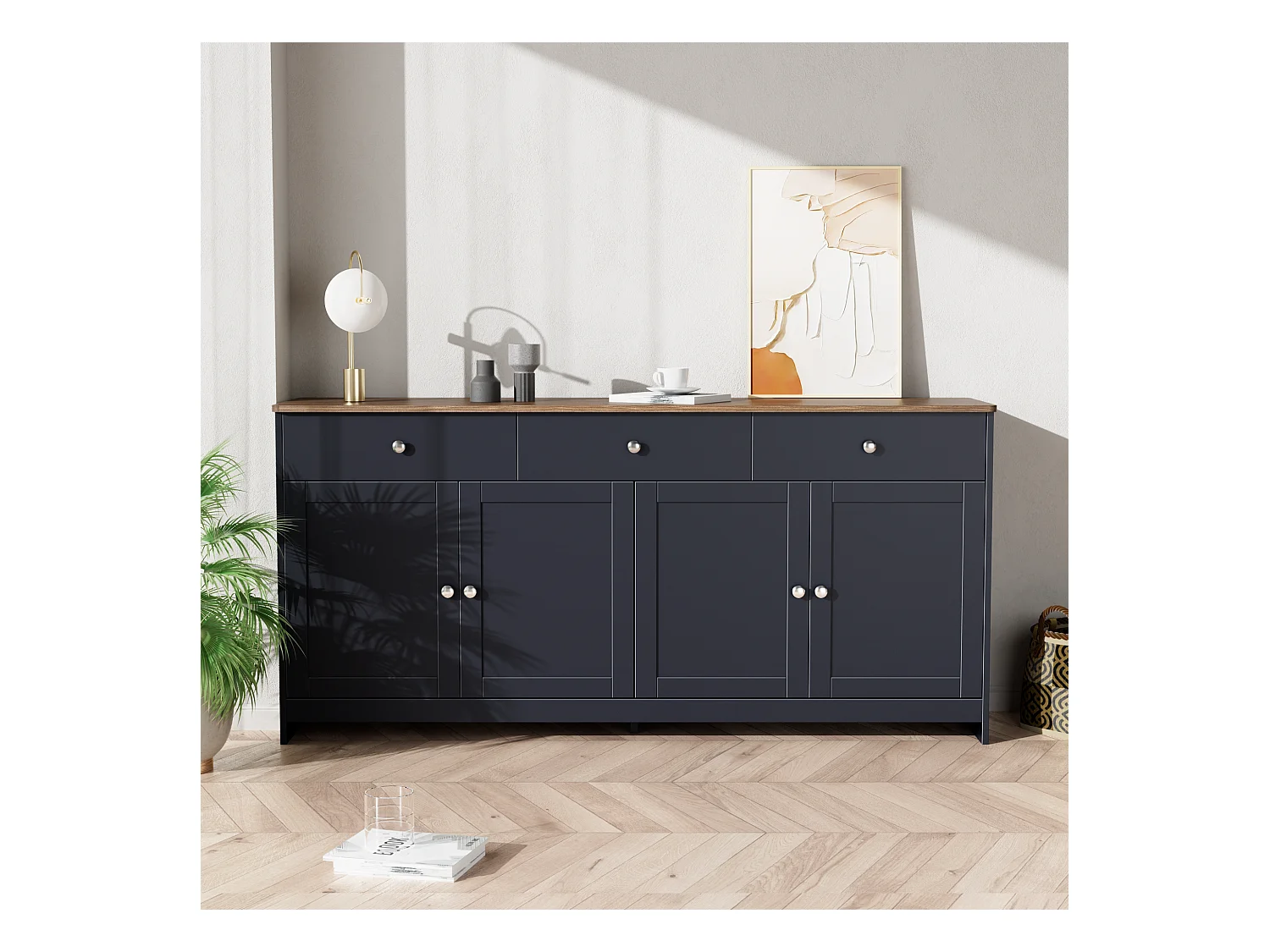 Buffet bas avec 4 portes et 3 tiroirs pour salon - 160 L x 37 l x 75H cm - bois MDF - bois et gris noir