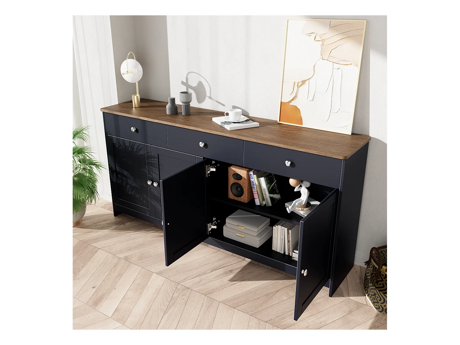 Buffet bas avec 4 portes et 3 tiroirs pour salon - 160 L x 37 l x 75H cm - bois MDF - bois et gris noir