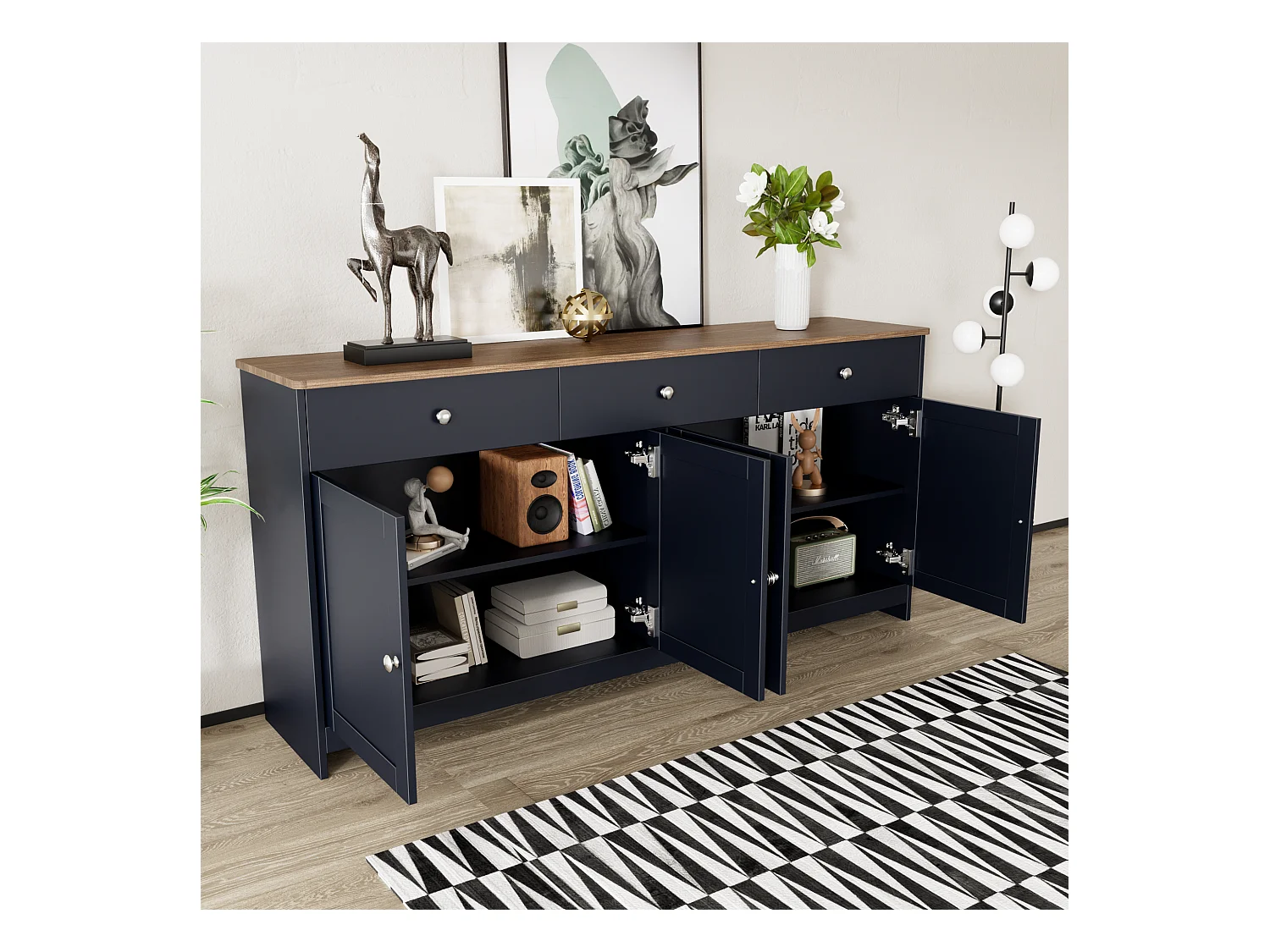 Buffet bas avec 4 portes et 3 tiroirs pour salon - 160 L x 37 l x 75H cm - bois MDF - bois et gris noir