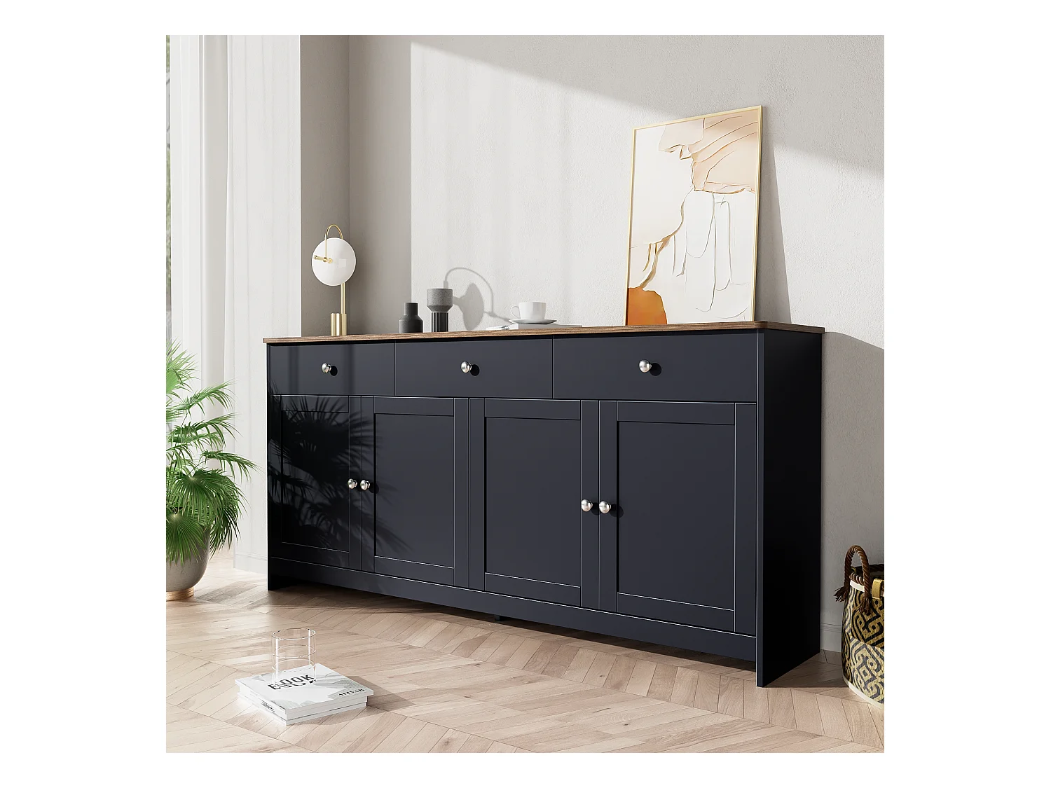 Buffet bas avec 4 portes et 3 tiroirs pour salon - 160 L x 37 l x 75H cm - bois MDF - bois et gris noir
