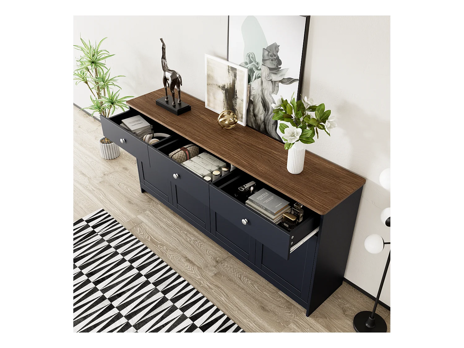 Buffet bas avec 4 portes et 3 tiroirs pour salon - 160 L x 37 l x 75H cm - bois MDF - bois et gris noir