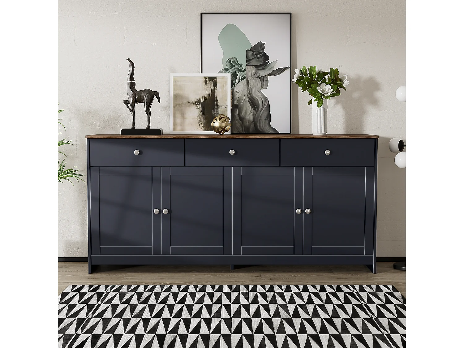 Buffet bas avec 4 portes et 3 tiroirs pour salon - 160 L x 37 l x 75H cm - bois MDF - bois et gris noir