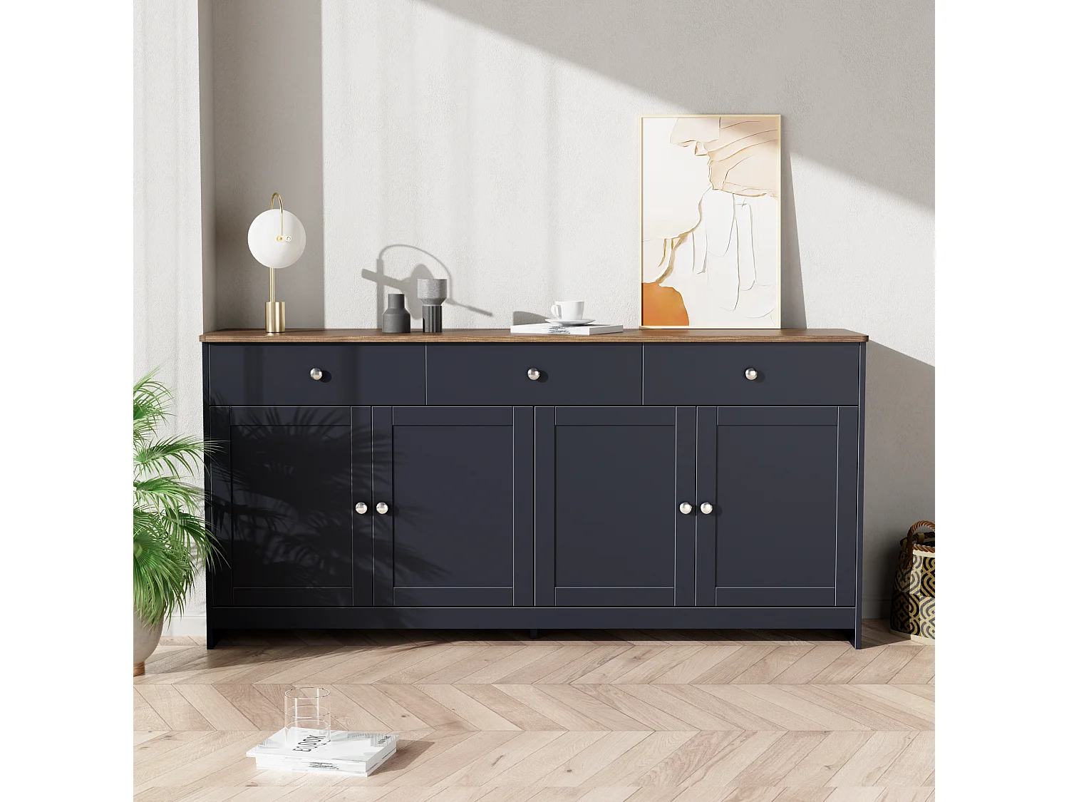Buffet bas avec 4 portes et 3 tiroirs pour salon - 160 L x 37 l x 75H cm - bois MDF - bois et gris noir