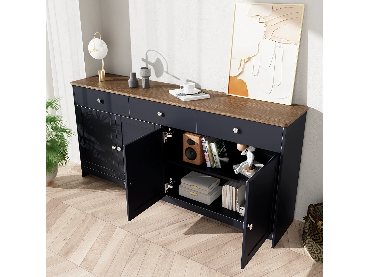 Buffet bas avec 4 portes et 3 tiroirs pour salon - 160 L x 37 l x 75H cm - bois MDF - bois et gris noir