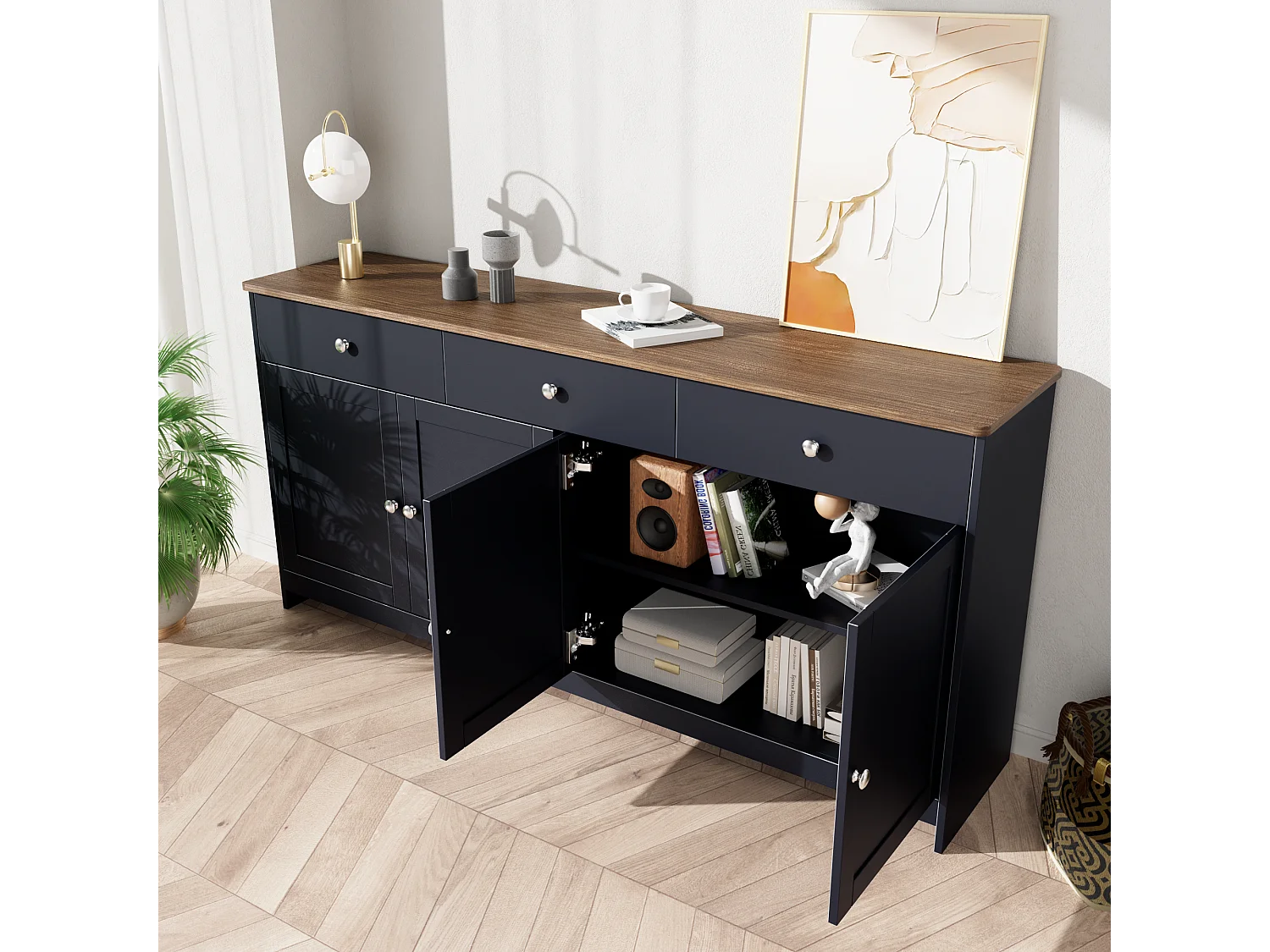 Buffet bas avec 4 portes et 3 tiroirs pour salon - 160 L x 37 l x 75H cm - bois MDF - bois et gris noir