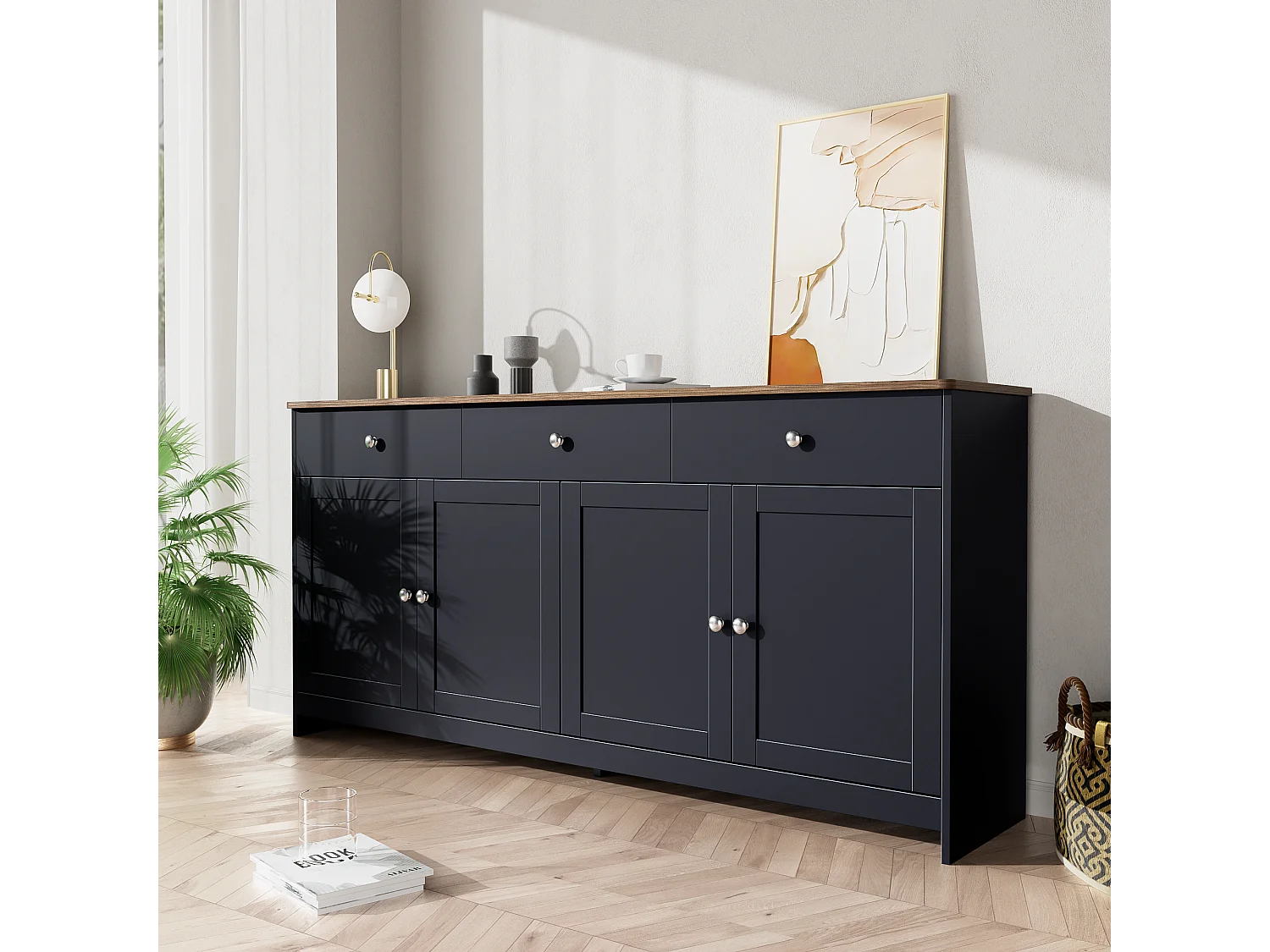 Buffet bas avec 4 portes et 3 tiroirs pour salon - 160 L x 37 l x 75H cm - bois MDF - bois et gris noir
