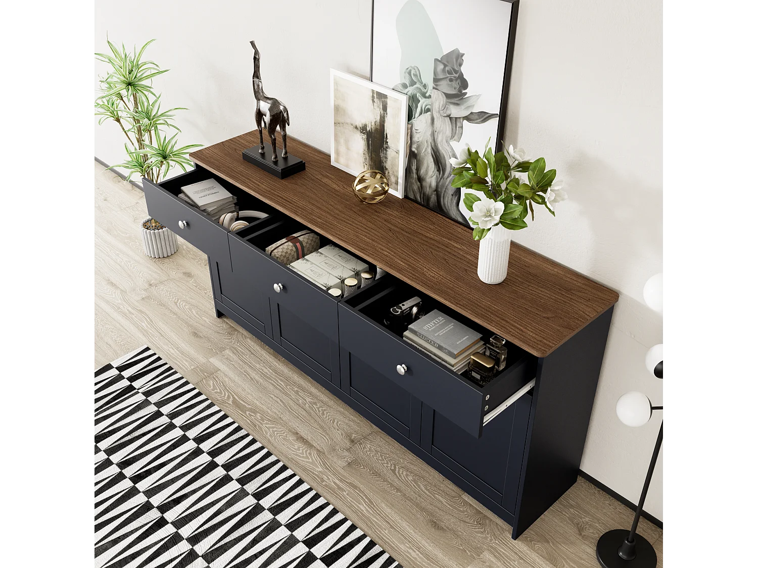 Buffet bas avec 4 portes et 3 tiroirs pour salon - 160 L x 37 l x 75H cm - bois MDF - bois et gris noir