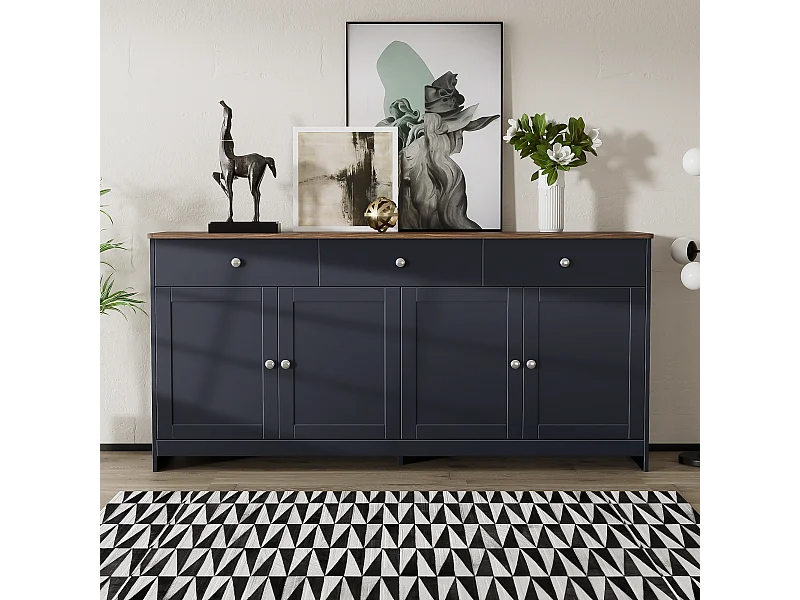 Komoda niska z 4 drzwiami i 3 szufladami do salonu - 160 dł. x 37 szer. x 75 wys. cm - drewno MDF - drewno i czarny szary