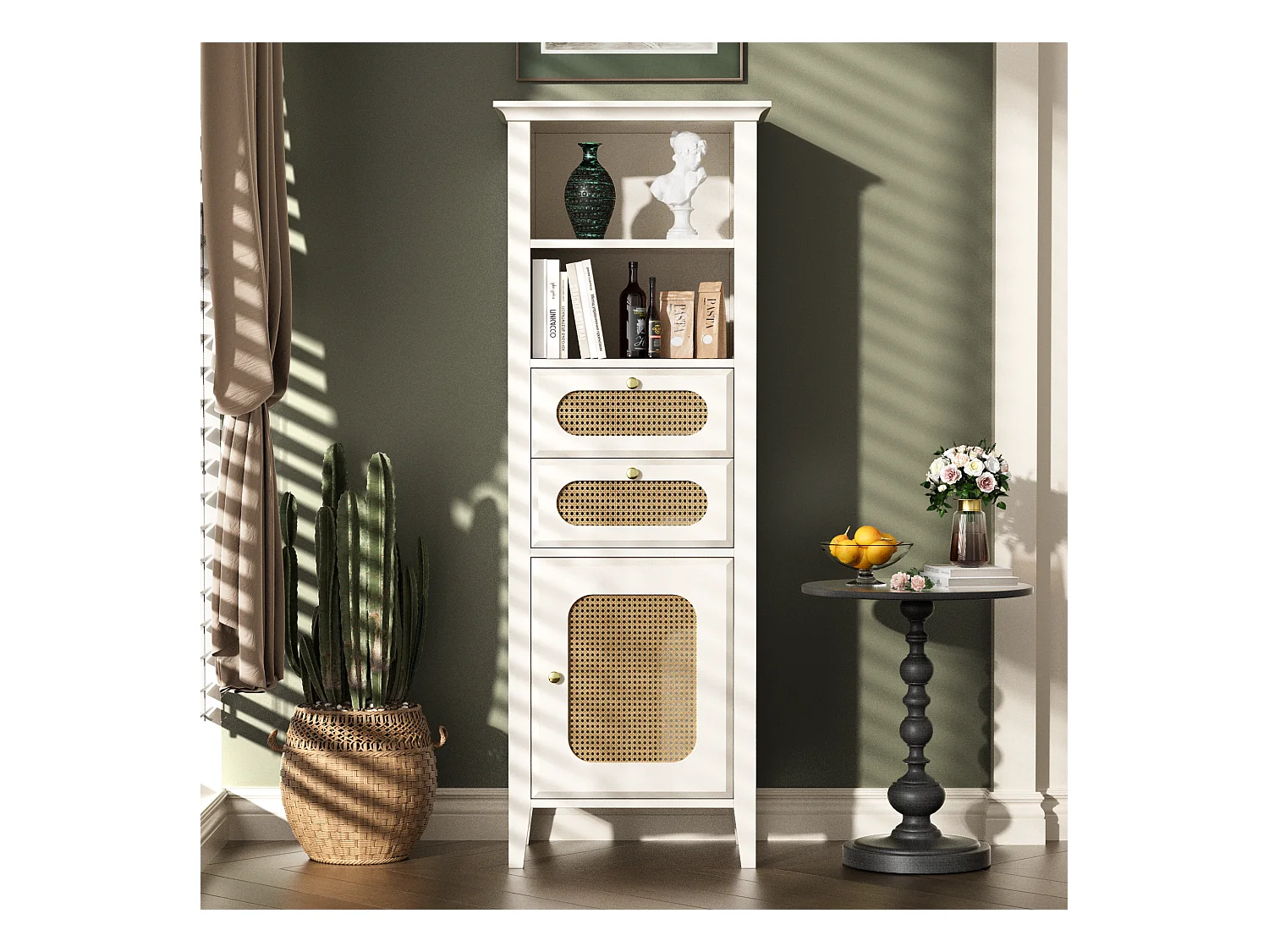Dressoir, vitrinekast met 2 lades, 2 nissen en een deur - Rotan effect - 140,5 x 38 x 50 cm - MDF hout - Wit