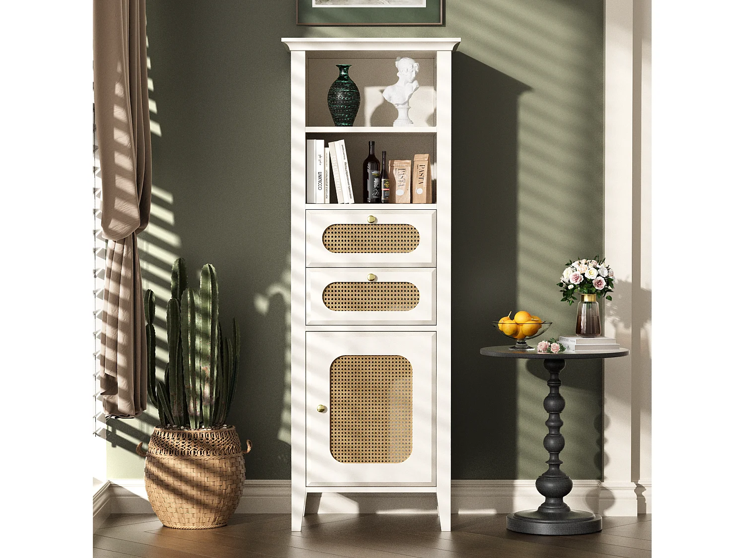 Dressoir, vitrinekast met 2 lades, 2 nissen en een deur - Rotan effect - 140,5 x 38 x 50 cm - MDF hout - Wit