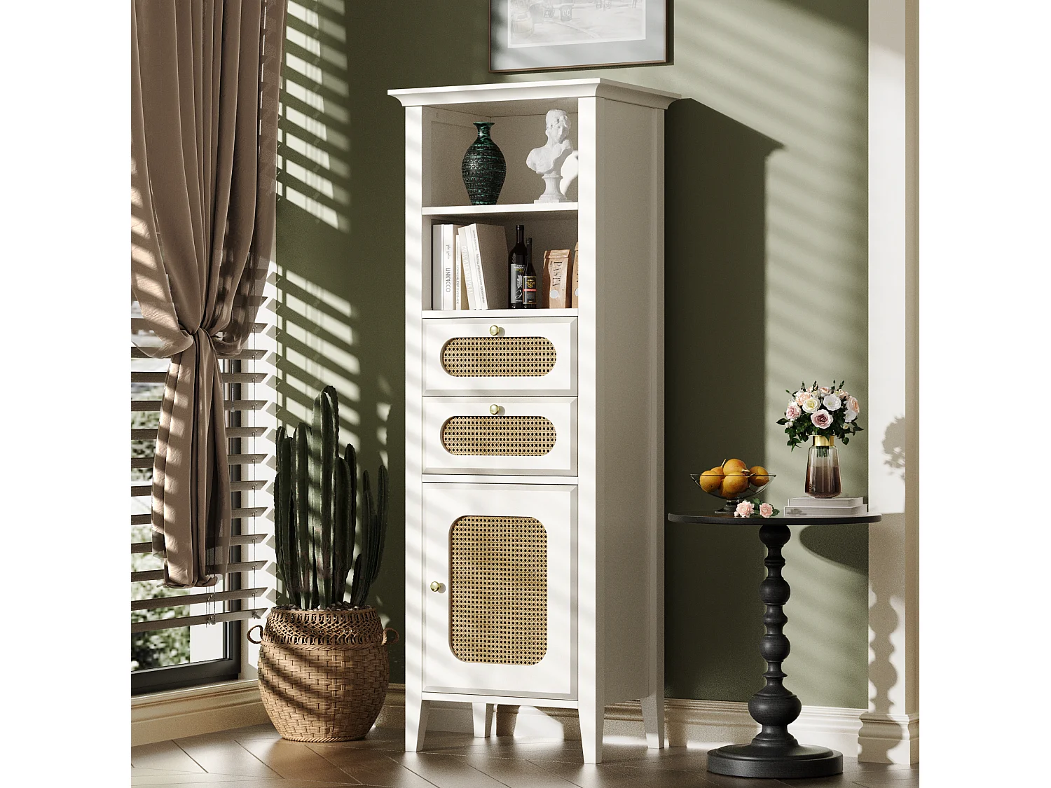 Dressoir, vitrinekast met 2 lades, 2 nissen en een deur - Rotan effect - 140,5 x 38 x 50 cm - MDF hout - Wit