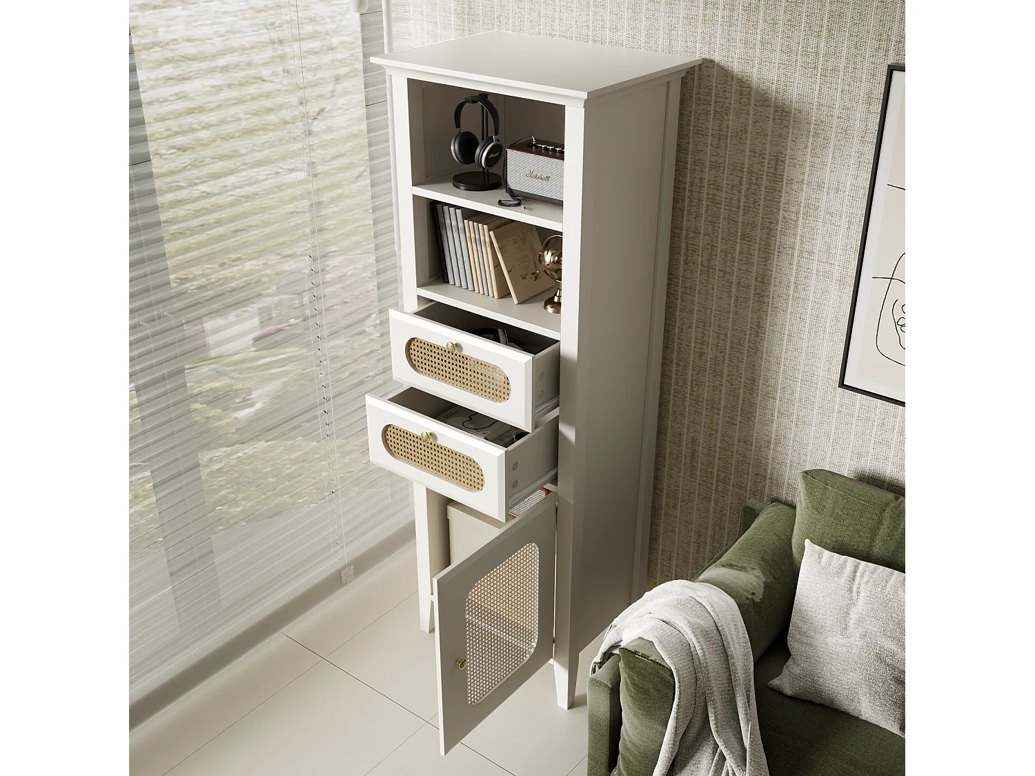 Dressoir, vitrinekast met 2 lades, 2 nissen en een deur - Rotan effect - 140,5 x 38 x 50 cm - MDF hout - Wit