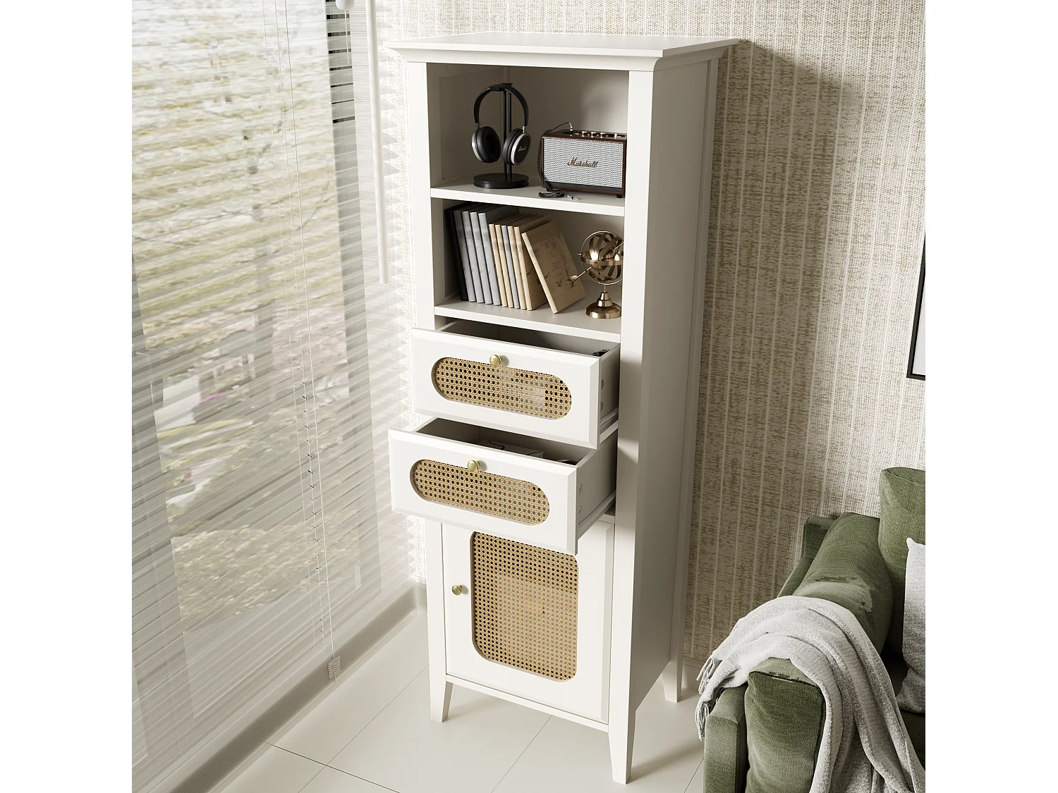 Dressoir, vitrinekast met 2 lades, 2 nissen en een deur - Rotan effect - 140,5 x 38 x 50 cm - MDF hout - Wit