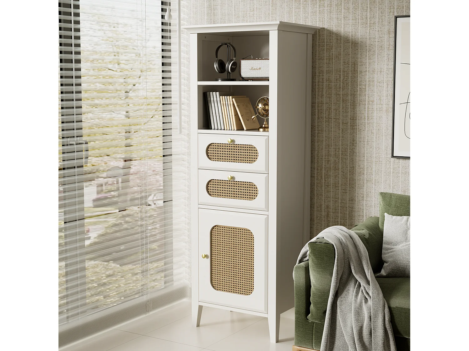 Dressoir, vitrinekast met 2 lades, 2 nissen en een deur - Rotan effect - 140,5 x 38 x 50 cm - MDF hout - Wit