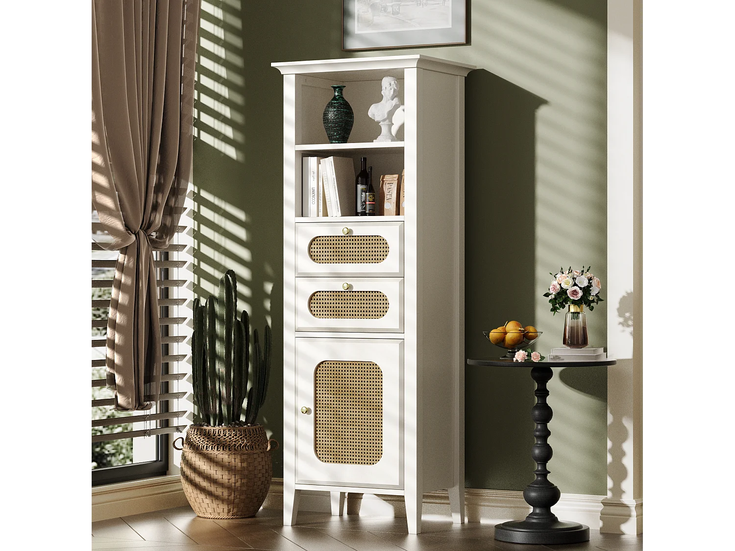 Buffet, vitrine avec 2 tiroirs, 2 niches et une porte - Effet rotin - 140,5 x 38 x 50 cm - Bois MDF - Blanc