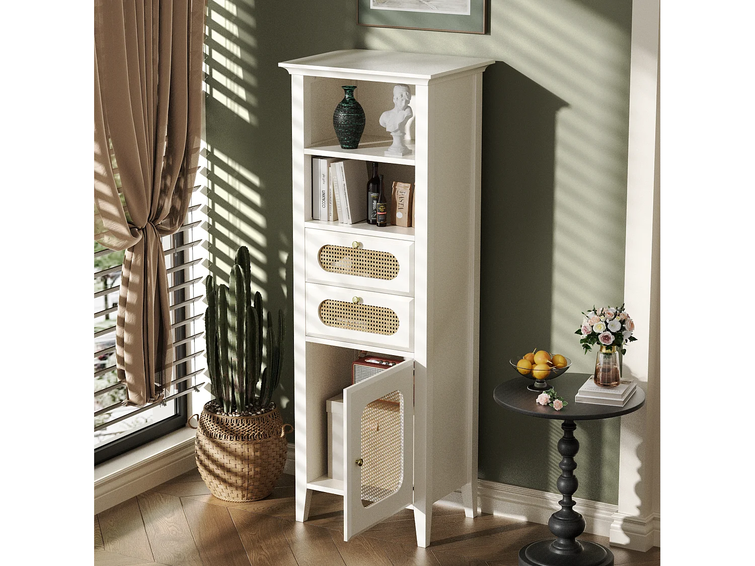 Buffet, vitrine avec 2 tiroirs, 2 niches et une porte - Effet rotin - 140,5 x 38 x 50 cm - Bois MDF - Blanc